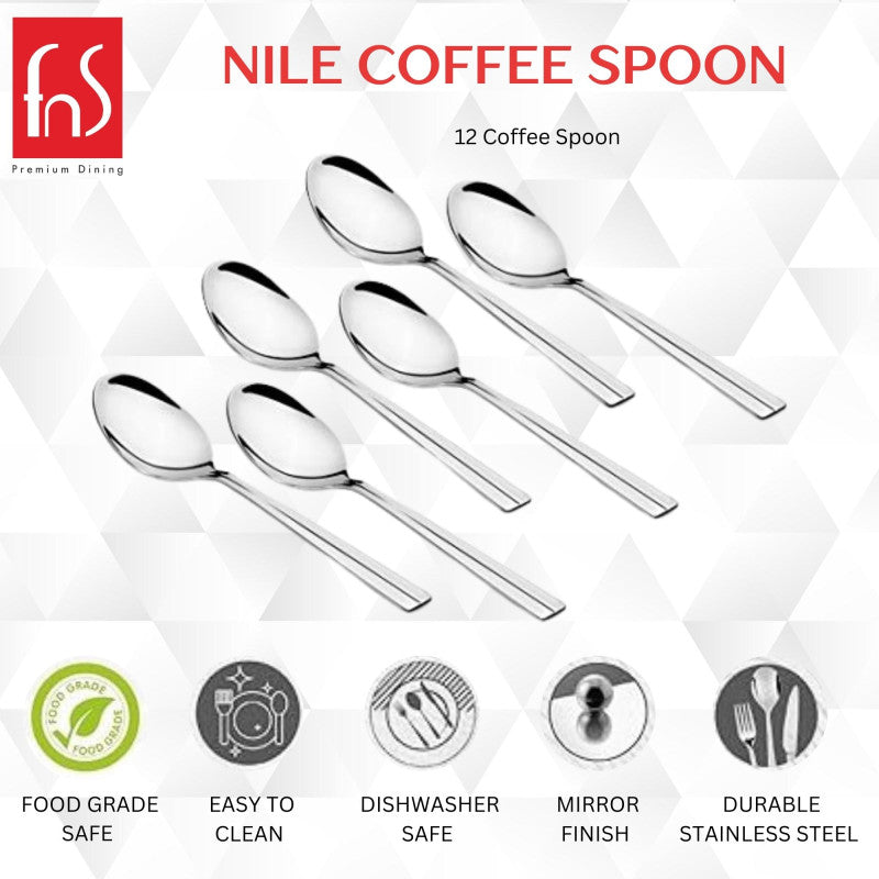 FNS Nile coffee spoon 12-piece set product infographic showing food grade safe, easy to clean, dishwasher safe, mirror finish and durable stainless steel features