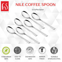 FNS Nile coffee spoon 12-piece set product infographic showing food grade safe, easy to clean, dishwasher safe, mirror finish and durable stainless steel features