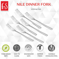 FnS Nile dinner fork set marketing image showing twelve forks with feature icons below