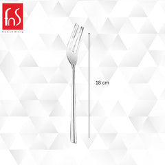 Single stainless steel fork with measurement showing 18 cm length against geometric white background