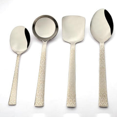 FNS Pacific 4-piece serving utensil set featuring modern design with polished steel bowls and ornate textured handles