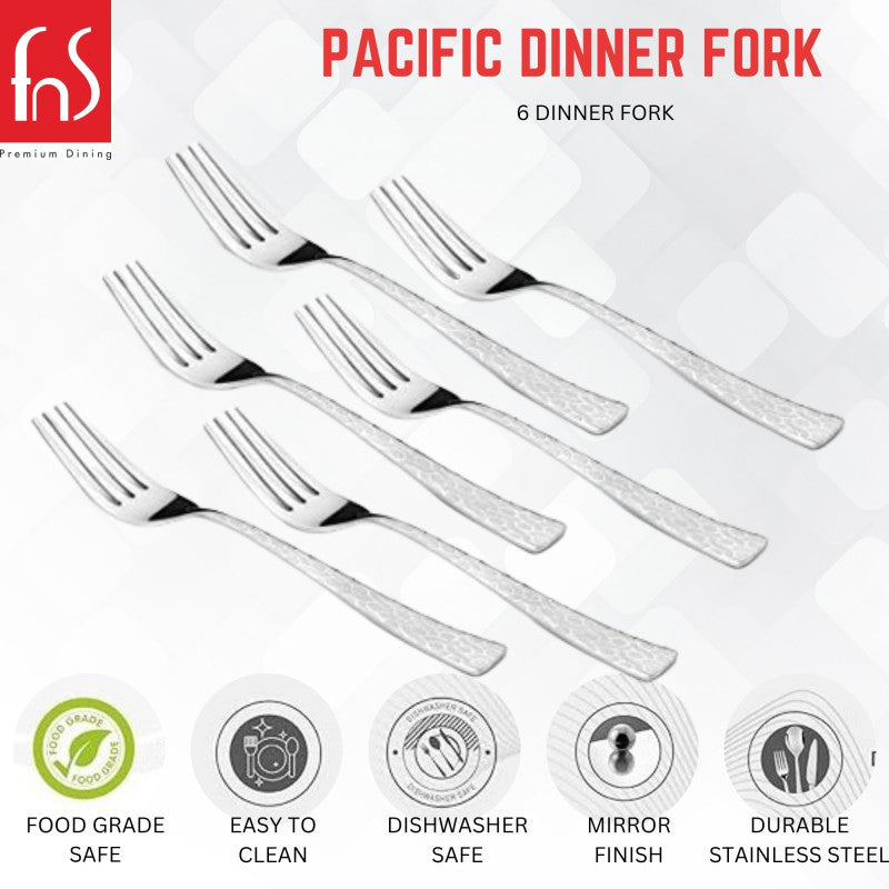 Product display image of Pacific Dinner Forks by FNS, showing a set of six forks with textured handles. The image includes icons highlighting features like food-grade safety, easy cleaning, dishwasher safety, mirror finish, and stainless steel durability.