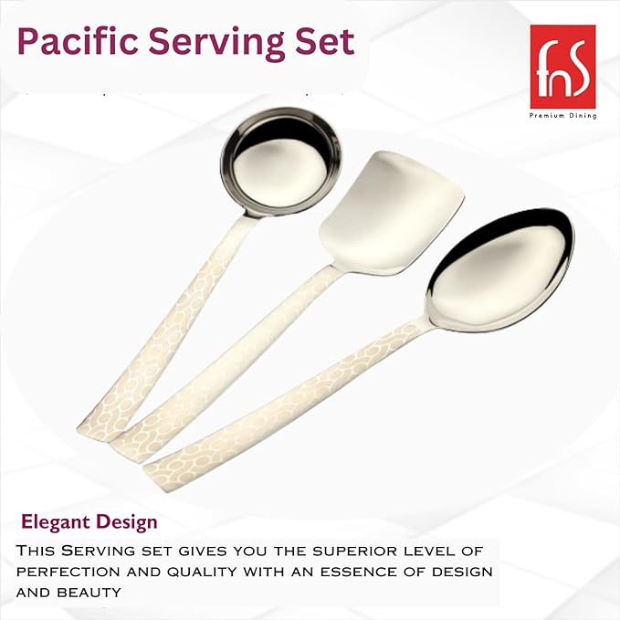 FNS Pacific serving set elegant design infographic featuring ladle, turner, and serving spoon with laser engraved stainless steel handles for premium dining