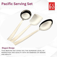 FNS Pacific serving set elegant design infographic featuring ladle, turner, and serving spoon with laser engraved stainless steel handles for premium dining