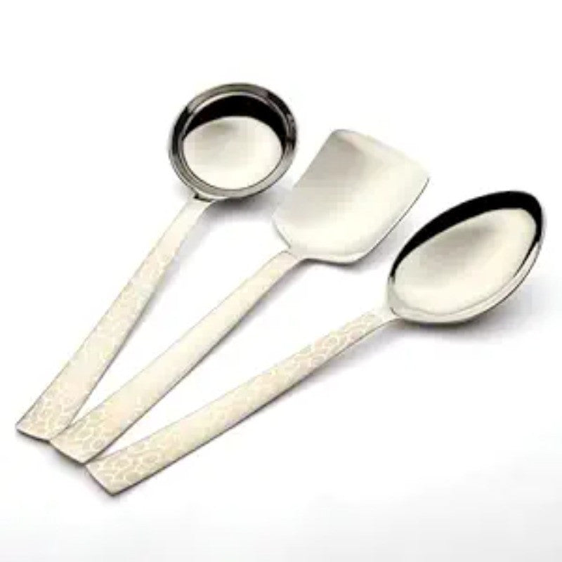 FNS Pacific laser engraved 3-piece serving set including gravy ladle, rice turner, and serving spoon with elegant crackle texture pattern handles