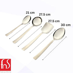 FNS Pacific serving utensils size guide showing dimensions from 21cm to 30cm for ladle, serving spoon, and spatula