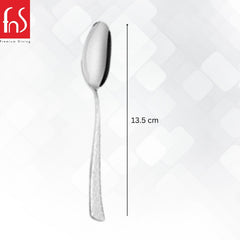 Single Pacific teaspoon displayed vertically with 13.5 cm measurement indicator, showing mirror-finish bowl and textured handle design on white background.