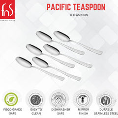 Pacific teaspoon set of six with textured handles, featuring icons for food grade safe, easy clean, dishwasher safe, mirror finish, and durable stainless steel.