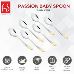FNS Passion baby spoon 6-piece set product infographic showing quality stainless steel, easy to clean, rust proof, perfect for gifting, and sturdy and durable features with elegant gold accents