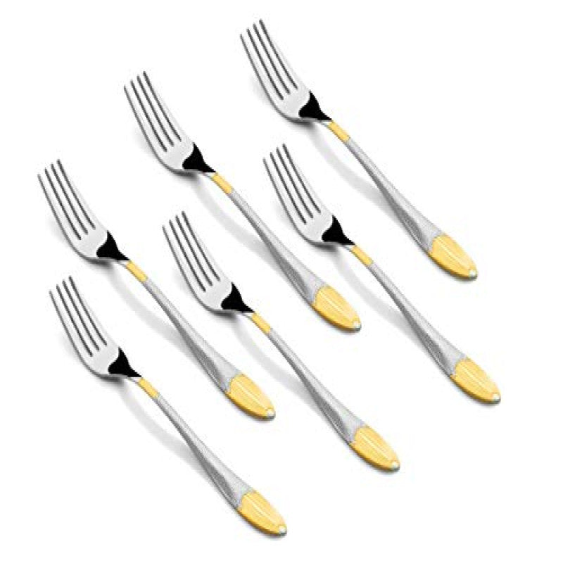 Set of six stainless steel dinner forks with gold-colored tips arranged in two rows on a white background.