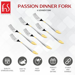 Product image of "PASSION DINNER FORK" set containing 6 dinner forks. Icons below highlight qualities: quality stainless steel, easy to clean, rust proof, perfect for gifting, sturdy and durable.