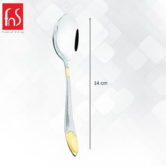 Single teaspoon displayed vertically with 14 cm measurement indicator, showing mirror finish bowl, textured handle, and gold accent tip on white background.