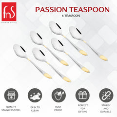 Passion teaspoon set of six featuring product icons for quality stainless steel, easy to clean, rust proof, perfect for gifting, and sturdy and durable.