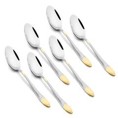Set of six teaspoons with mirror-finish bowls, textured silver handles, and gold-tone accent tips arranged diagonally on white background.