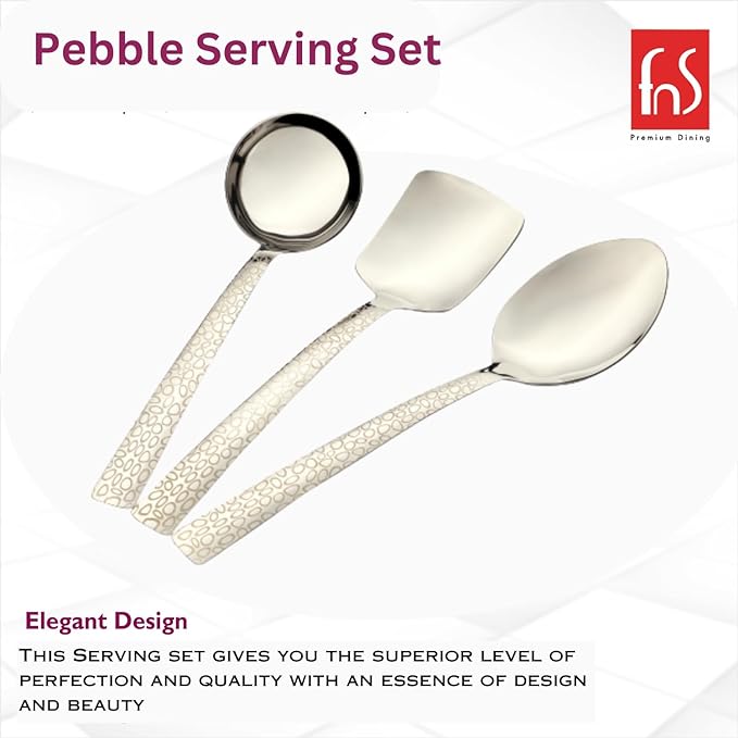 FNS Pebble serving set featuring elegant design infographic showcasing ladle, turner, and spoon with laser engraved pebble pattern handles