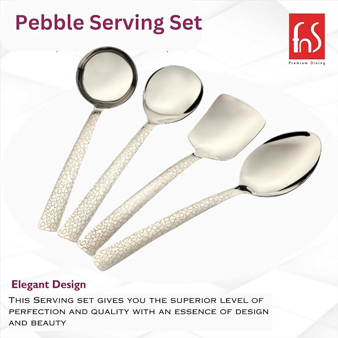FNS Premium Dining pebble serving set with elegant design showcasing 4-piece stainless steel utensil collection