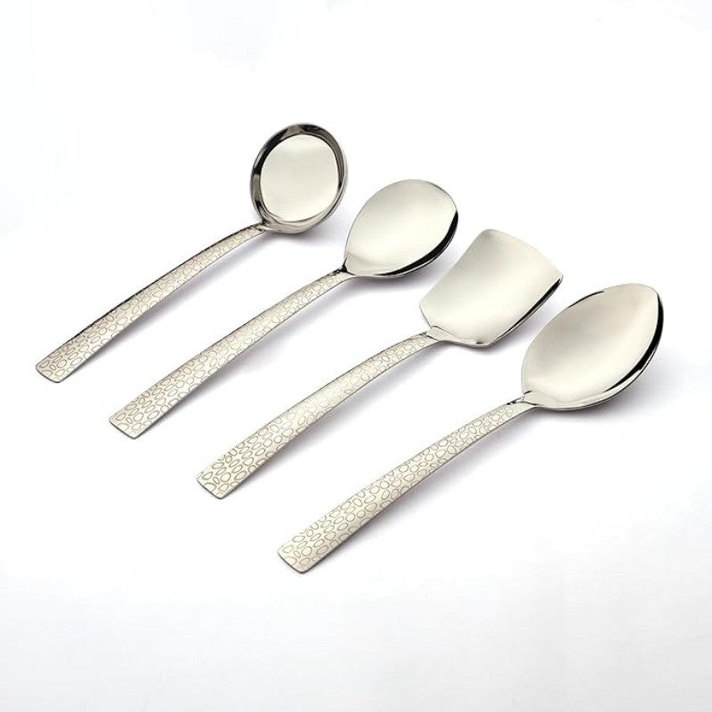 FNS pebble serving collection with four serving utensils featuring polished steel bowls and textured ivory-toned handles