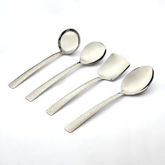 FNS pebble serving collection with four serving utensils featuring polished steel bowls and textured ivory-toned handles