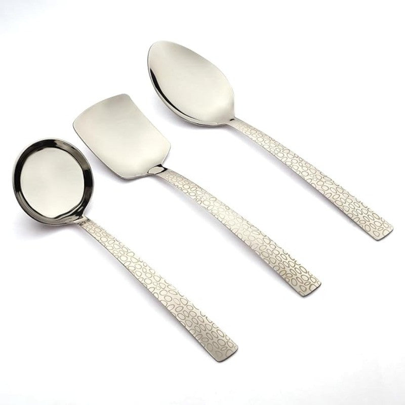 FNS Pebble stainless steel 3-piece serving set with premium mirror finish and laser engraved decorative handles for elegant dining