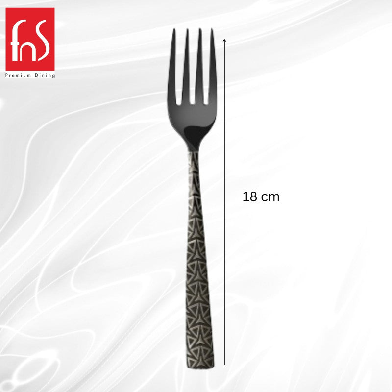 A single Phoenix dinner fork displayed vertically with measurement marking showing 18 cm in length. Geometric patterned handle visible.