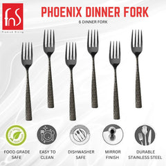 Promotional image of "PHOENIX DINNER FORK" showing six forks with patterned handles. Icons below indicate features: food grade safe, easy to clean, dishwasher safe, mirror finish, and durable stainless steel.