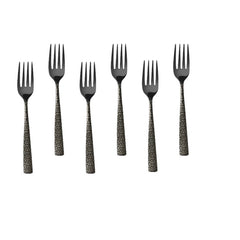 Isolated image of six identical dinner forks with black heads and patterned handles on a white background.