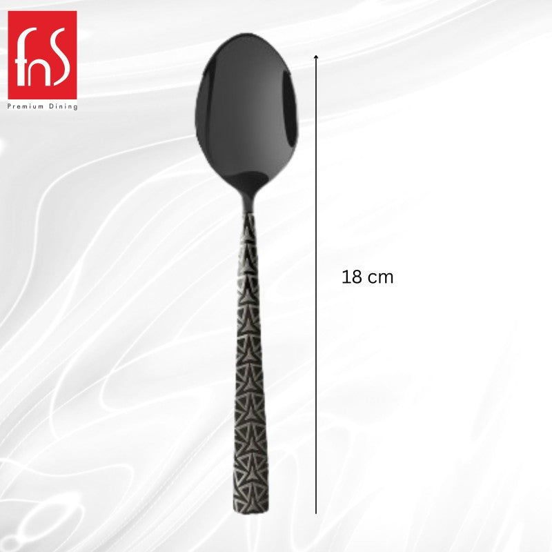 FNS Phoenix black dinner spoon 18cm dimensions with geometric textured pattern handle and mirror finish stainless steel for modern elegant dining experience.