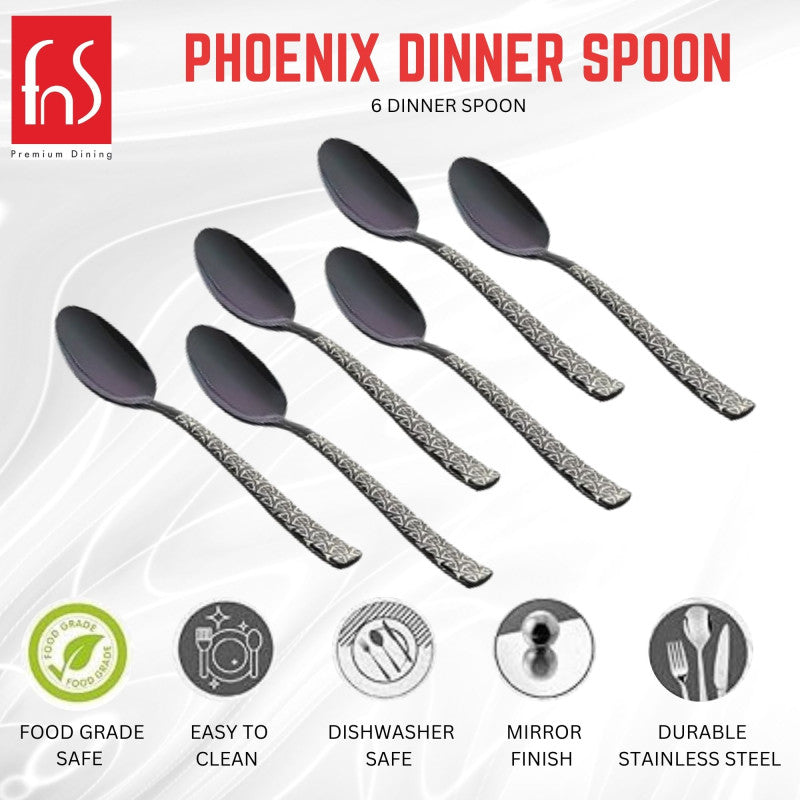 FNS Phoenix dinner spoon features infographic highlighting food grade safe, easy to clean, dishwasher safe, mirror finish, and durable stainless steel construction.
