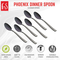 FNS Phoenix dinner spoon features infographic highlighting food grade safe, easy to clean, dishwasher safe, mirror finish, and durable stainless steel construction.