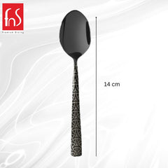 Single black Phoenix teaspoon displayed vertically with 14 cm measurement indicator, showing ornate geometric pattern handle and matte black finish on white background.