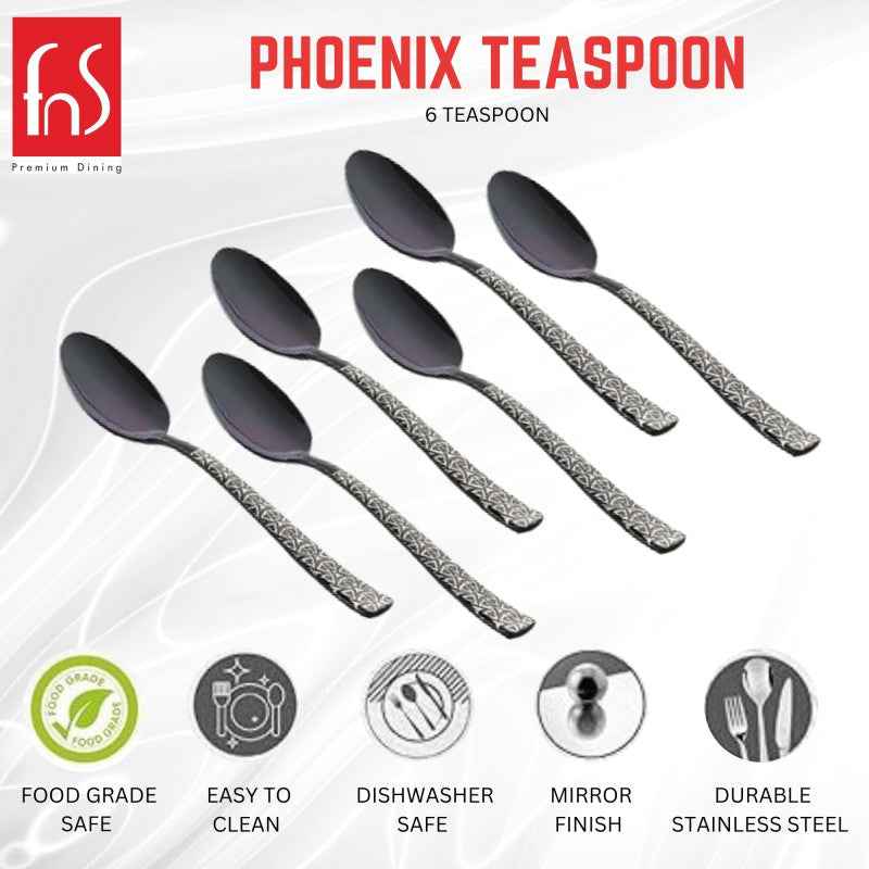Phoenix teaspoon set of six with black finish and patterned handles, featuring icons for food grade safe, easy clean, dishwasher safe, mirror finish, and durable stainless steel.