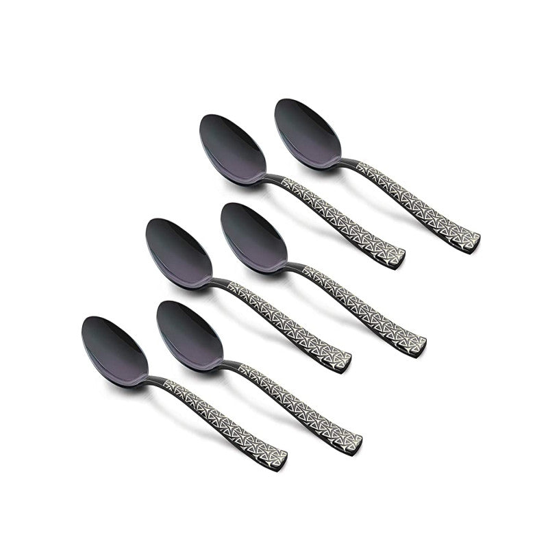 Set of six black teaspoons with intricate geometric pattern handles arranged in two rows on white background, displaying matching modern design and matte finish.
