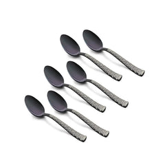 Set of six black teaspoons with intricate geometric pattern handles arranged in two rows on white background, displaying matching modern design and matte finish.