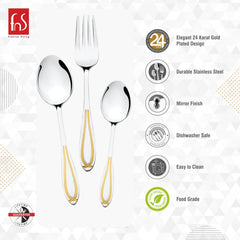 Premium dining utensils featuring 24-karat gold plated design with product specifications: durable steel, mirror finish, dishwasher safeRetry
