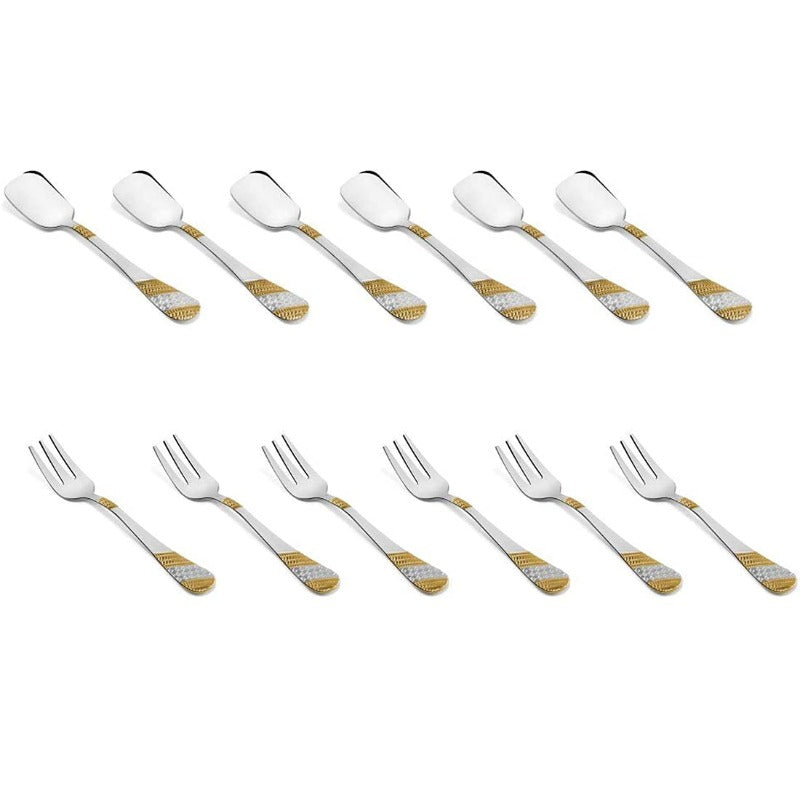 Twelve-piece cutlery set with six spoons and six forks featuring gold textured handle accents