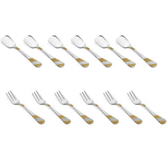 Twelve-piece cutlery set with six spoons and six forks featuring gold textured handle accents