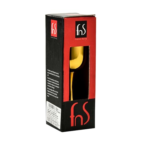 FNS Premium Dining gold jigger in black and red retail packaging box with clear window showing product