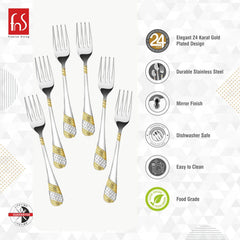 FnS marketing image showing six decorative forks with feature icons highlighting product specifications