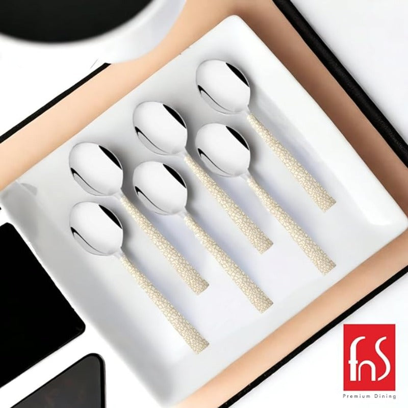 FNS Premium Dining 6-piece stainless steel ice cream spoons with elegant beige mosaic-textured handles and mirror-polished round bowls presented in luxury gift box with tan and black borders