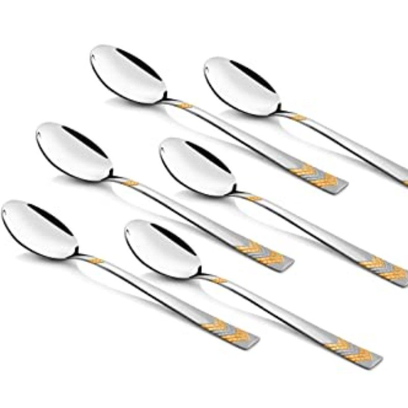 FNS Raga 24-karat gold plated baby spoon set of 6 pieces with chevron pattern handles and mirror finish stainless steel bowls.
