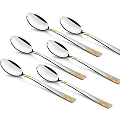 FNS Raga 24-karat gold plated baby spoon set of 6 pieces with chevron pattern handles and mirror finish stainless steel bowls.