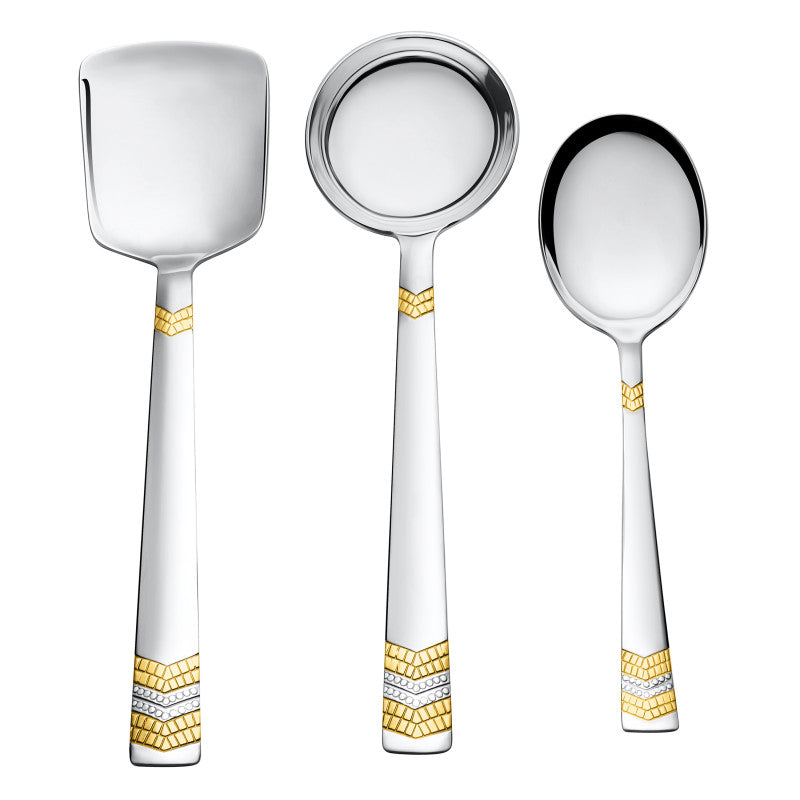 FNS Raga stainless steel 3-piece serving set featuring elegant 24k gold plated chevron design on handles including rice server, ladle, and spoon