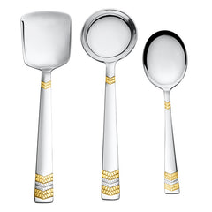 FNS Raga stainless steel 3-piece serving set featuring elegant 24k gold plated chevron design on handles including rice server, ladle, and spoon