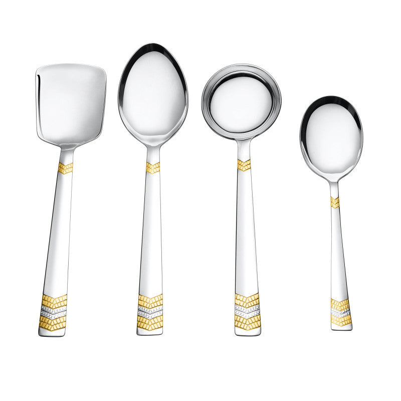 FNS Raga stainless steel serving set featuring elegant 24k gold plated chevron design on handles including rice server, spoons, and ladle