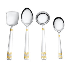 FNS Raga stainless steel serving set featuring elegant 24k gold plated chevron design on handles including rice server, spoons, and ladle
