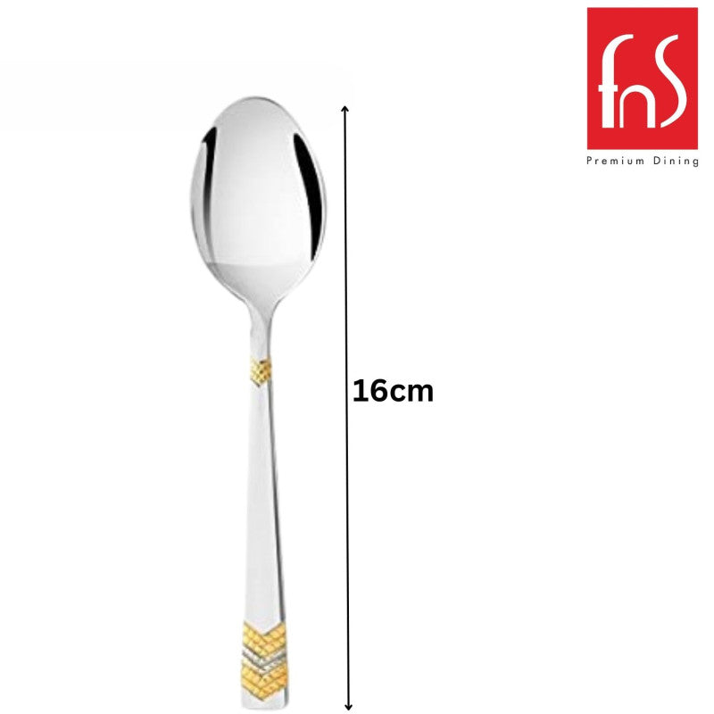 FNS Raga baby spoon 16cm dimensions with 24-karat gold plated chevron pattern handle and mirror finish stainless steel for safe infant feeding.