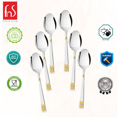  FNS Raga baby spoon features infographic highlighting dishwasher safe, rust proof, easy to clean, durable construction, food grade safe, and stainless steel quality.