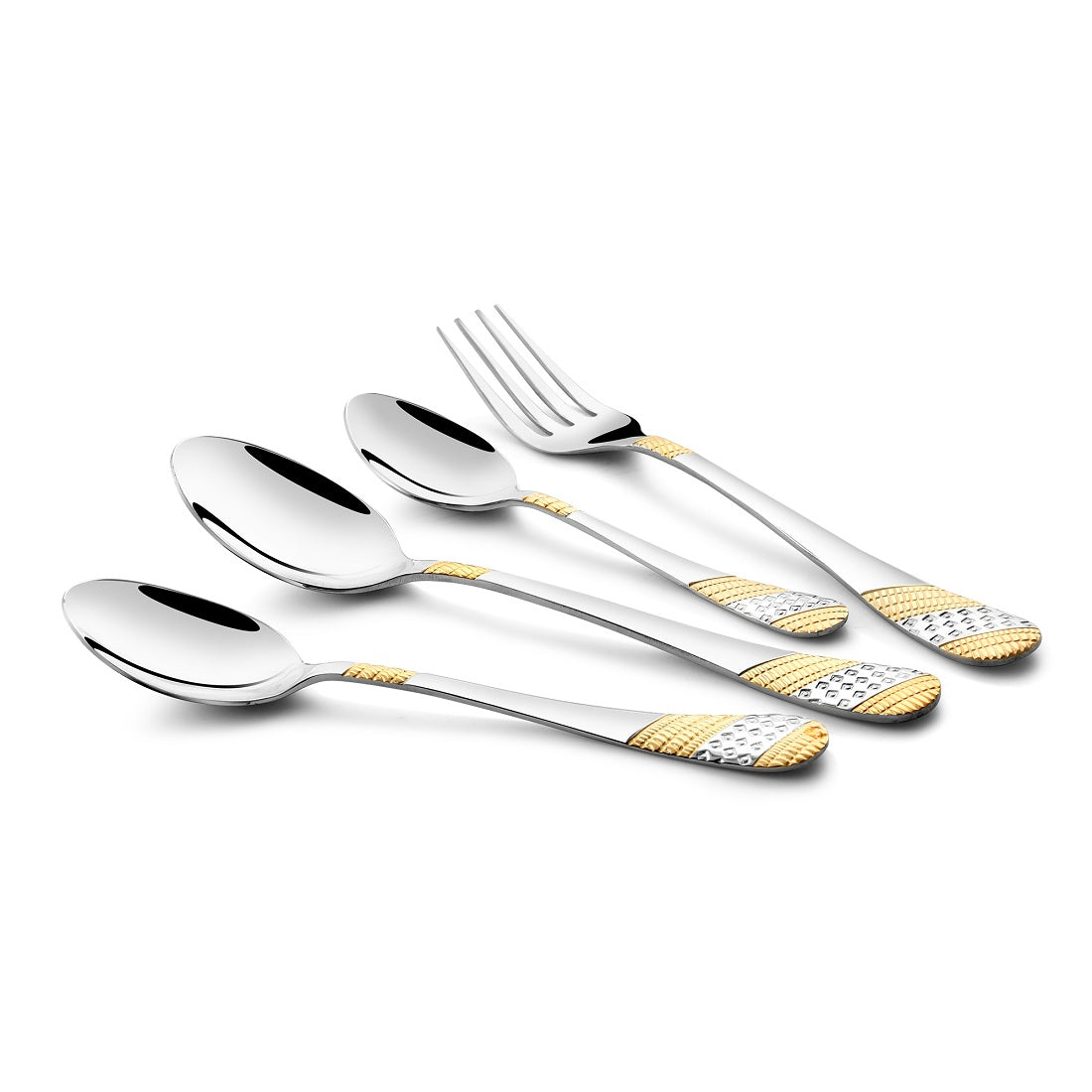 Diagonal view of four-piece silverware set with intricate gold and silver detailing on handles.