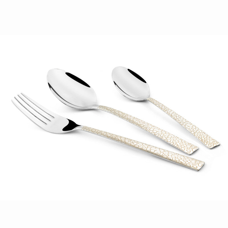 Three-piece cutlery set featuring a fork and two spoons with decorative ivory and gold handles.