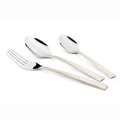 Three-piece cutlery set featuring a fork and two spoons with decorative ivory and gold handles.